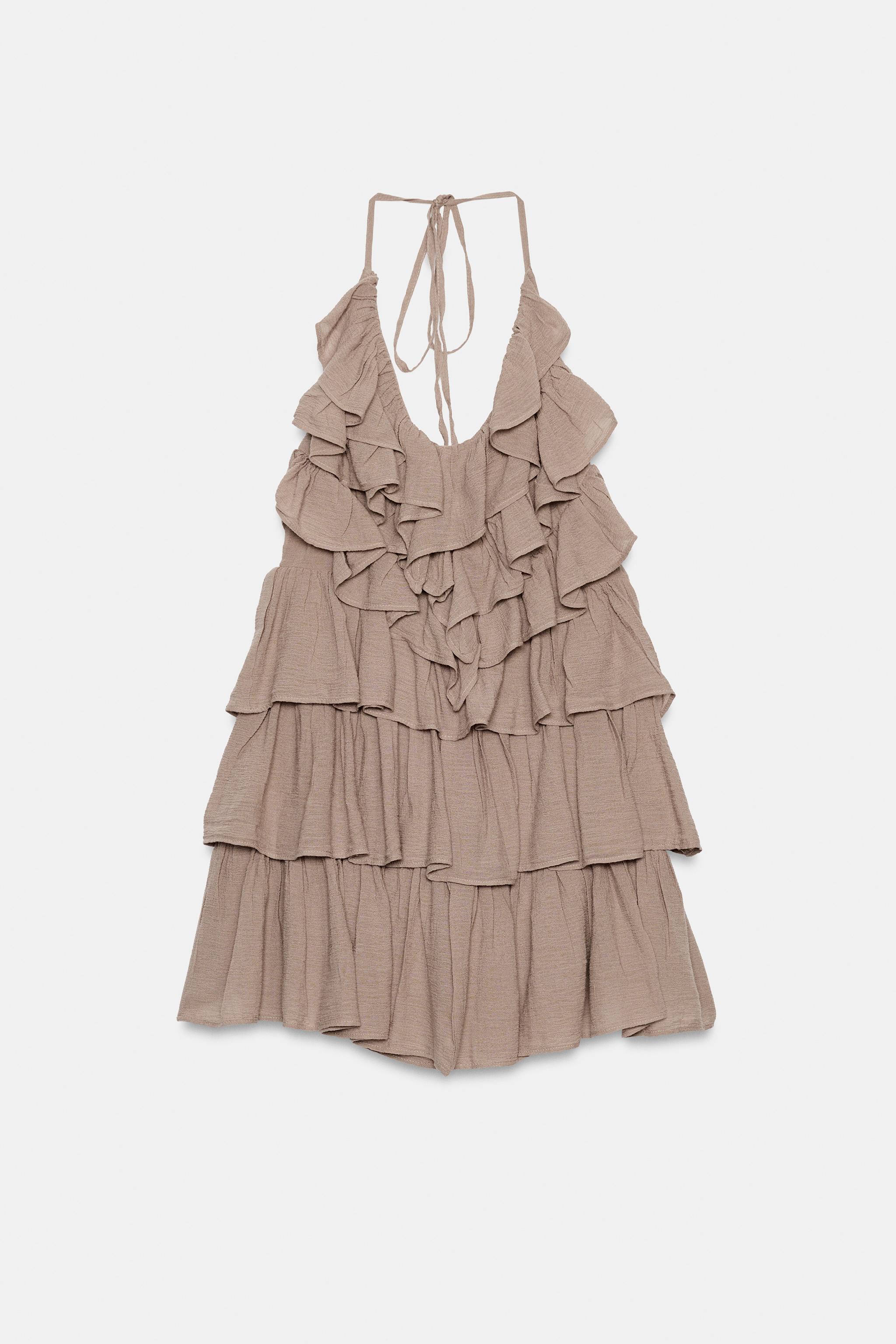 ROBE COURTE EN GAZE AVEC ENCOLURE AMÉRICAINE À VOLANTS